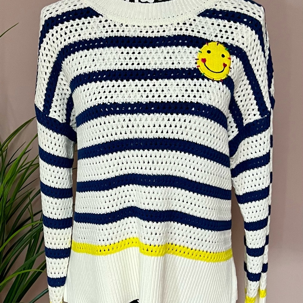 KERRI ROSENTHAL Crochet Knit Striped Smiley Sweater
